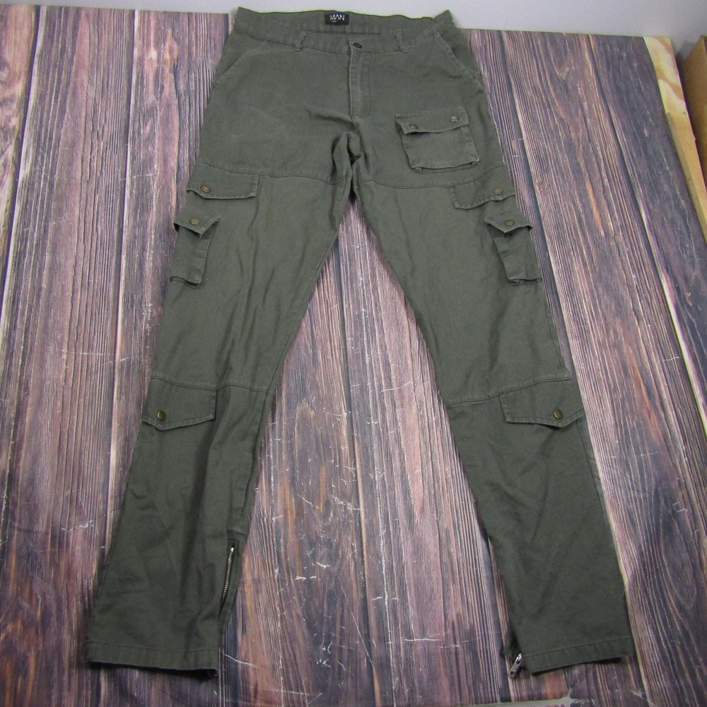 BoohooMAN Pants Mens 32x32 Green Cargo Canvas Tapered Leg Ankle Zip Pockets